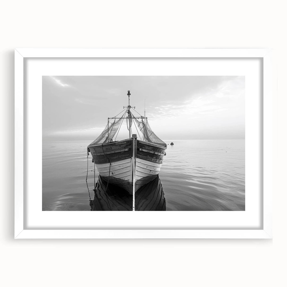 Framed wall art featuring a serene harbor landscape design, with a white mat and elegant frame, perfect for modern home decor or office settings.