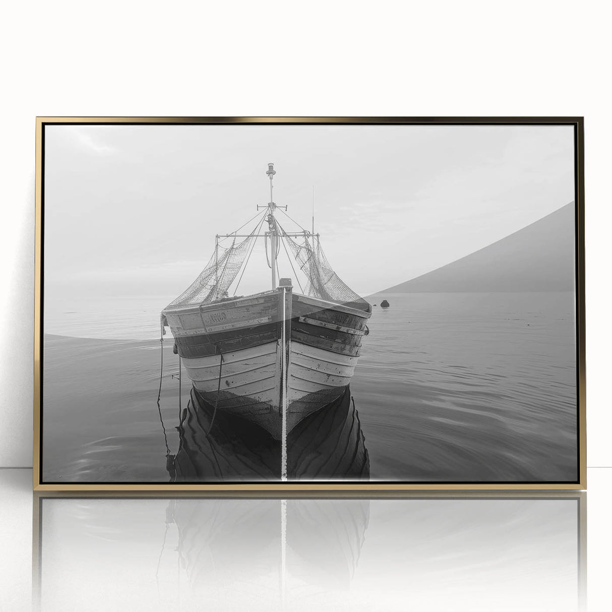 Framed acrylic wall art depicting a serene harbor landscape with vibrant colors and a gold frame, perfect for enhancing modern home décor. This artwork showcases tranquil water reflections and a clear sky, ideal for art collectors and interior design enthusiasts.