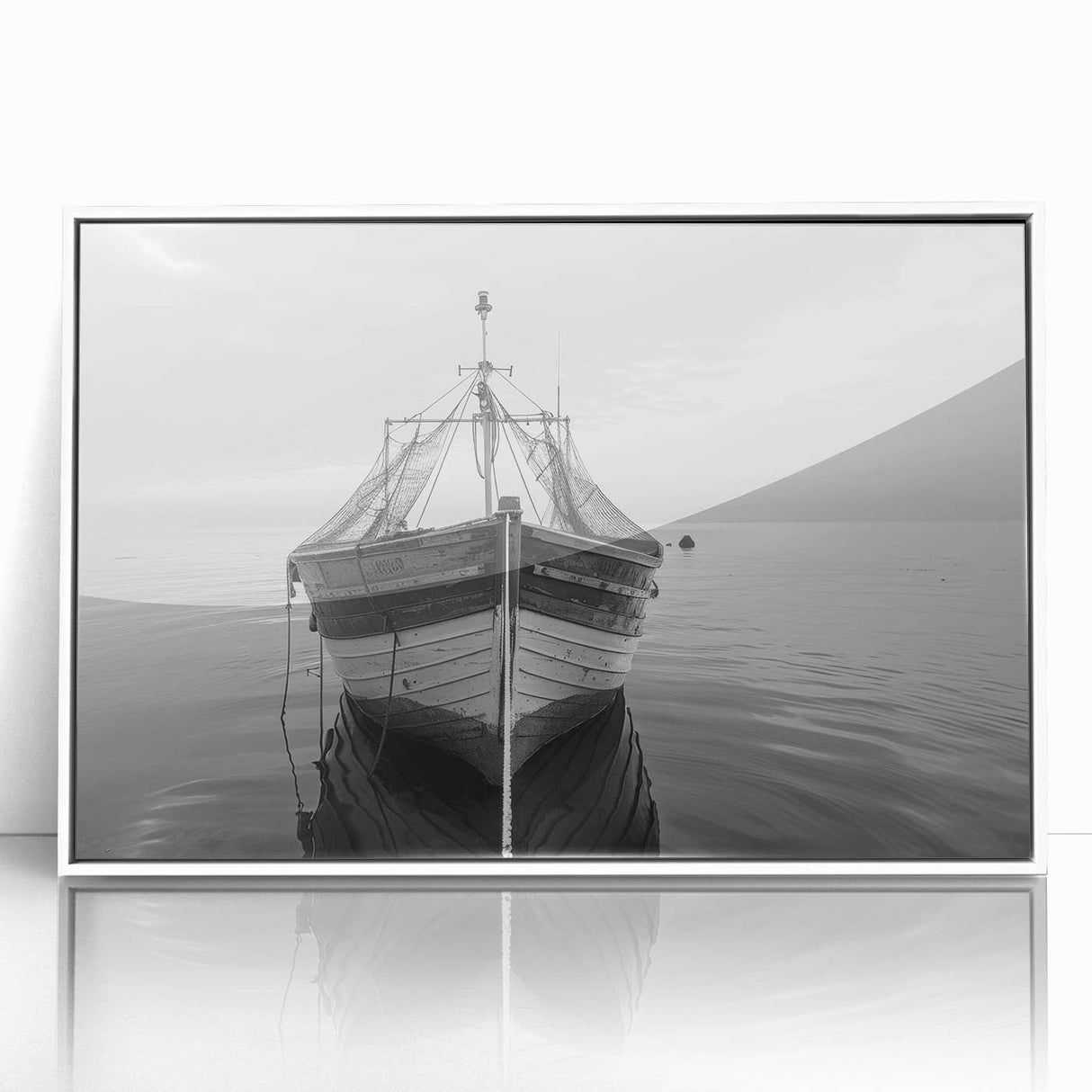 Framed acrylic wall art showcasing a serene harbor landscape, featuring tranquil blues and greens, ideal for enhancing modern home decor.