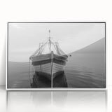 Framed acrylic wall art showcasing a serene harbor landscape, featuring tranquil blues and greens, ideal for enhancing modern home decor.