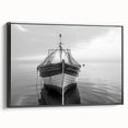 Framed canvas wall art showcasing a serene harbor landscape design in muted colors, featuring a sleek black frame and a side view perspective, perfect for home decor.
