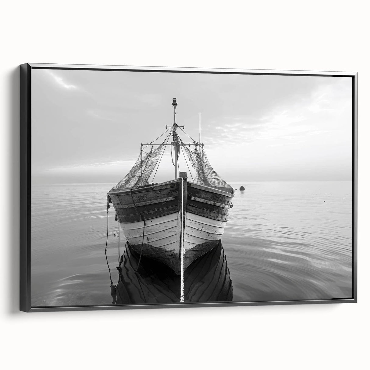 Framed canvas wall art showcasing a serene harbor landscape design in muted colors, featuring a sleek black frame and a side view perspective, perfect for home decor.