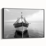 Framed canvas wall art showcasing a serene harbor landscape design in muted colors, featuring a sleek black frame and a side view perspective, perfect for home decor.