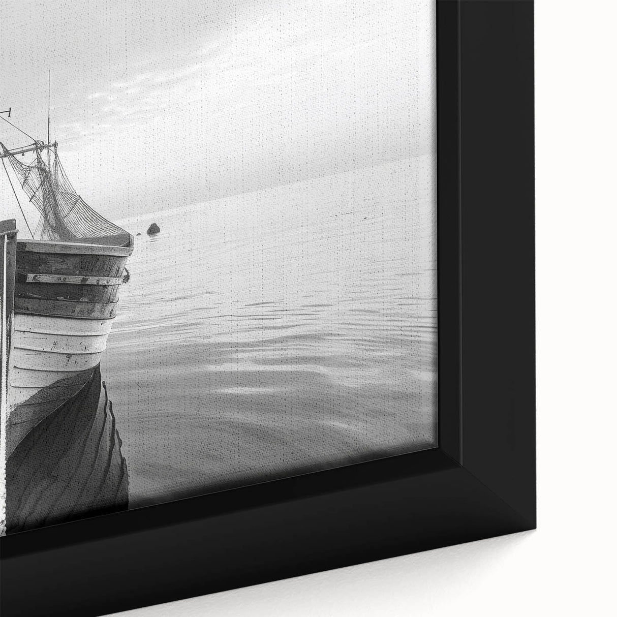 Close-up of a framed landscape wall art piece showcasing a serene harbor scene, with vibrant colors and intricate details, perfect for home decor.