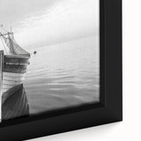 Close-up of a framed landscape wall art piece showcasing a serene harbor scene, with vibrant colors and intricate details, perfect for home decor.