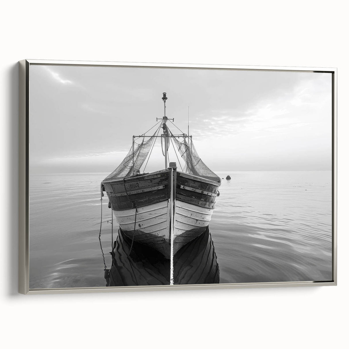 Framed canvas wall art showcasing a serene harbor landscape design with silver accents, perfect for home decor and enhancing interior aesthetics.