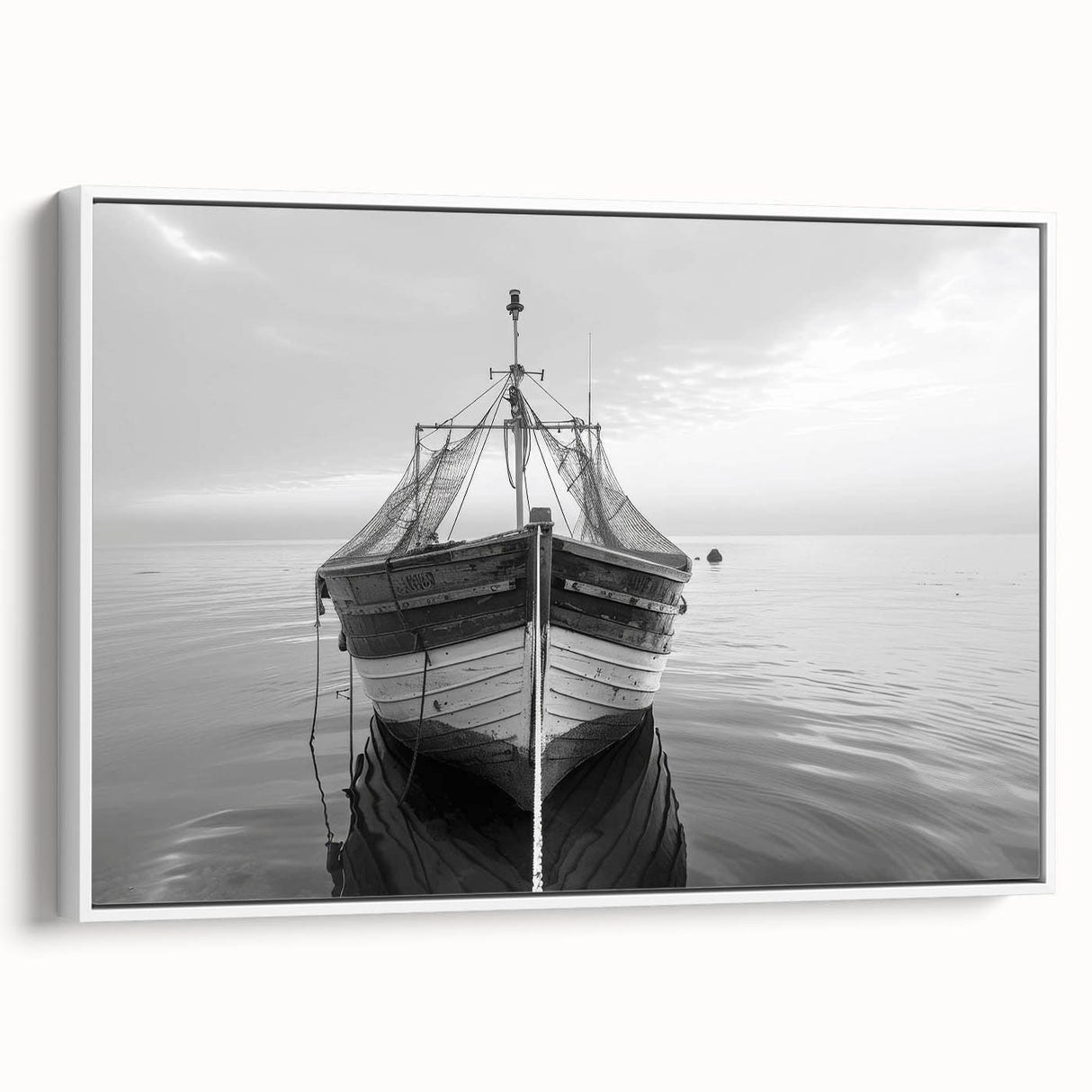 Framed canvas wall art showcasing a serene harbor landscape design, featuring soft blue and white tones, perfect for enhancing modern home decor aesthetics. The side view highlights the frame's elegance and craftsmanship.