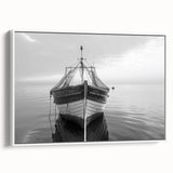 Framed canvas wall art showcasing a serene harbor landscape design, featuring soft blue and white tones, perfect for enhancing modern home decor aesthetics. The side view highlights the frame's elegance and craftsmanship.