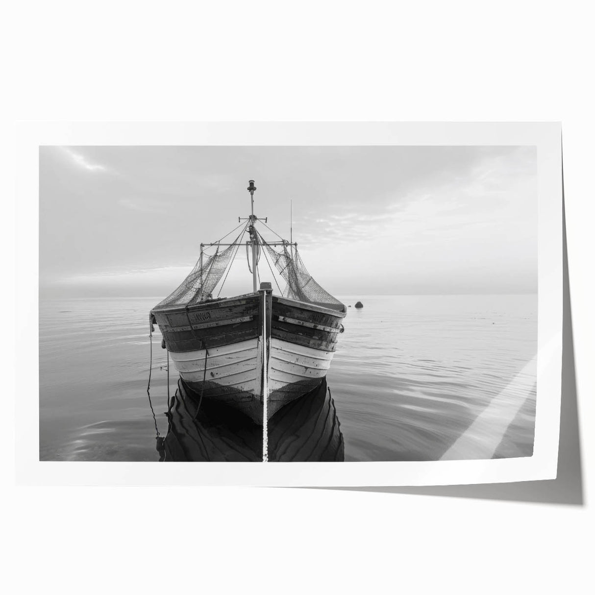Rolled print of a serene harbor landscape, showcasing vibrant blues and greens, ideal for home decor. Perfect for enhancing coastal-themed interiors or art collections.