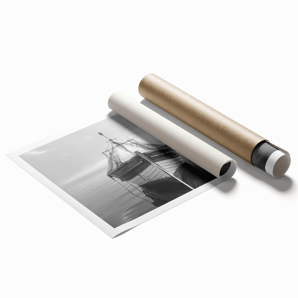 Rolled print of a serene harbor landscape featuring calm waters and vibrant sunset colors. Ideal for home decor, showcasing tranquility and natural beauty.