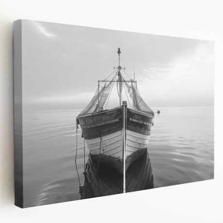 Stretched canvas wall art showcasing a serene harbor landscape design, featuring vibrant blues and greens, ideal for home decor. Side view highlights its sleek edges.