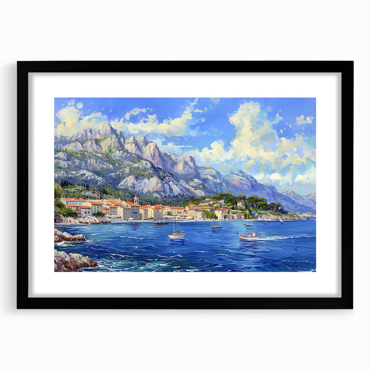 Framed black wall art showcasing a serene harbor landscape design, complete with a white mat, perfect for modern home decor. Ideal for coastal-themed interiors.