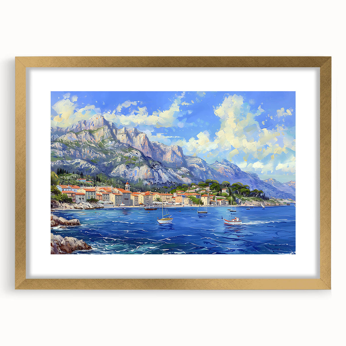 Framed landscape wall art collection featuring a serene harbor scene, with a gold frame and mat, perfect for enhancing modern home decor. Ideal for interior design enthusiasts seeking elegant artwork.
