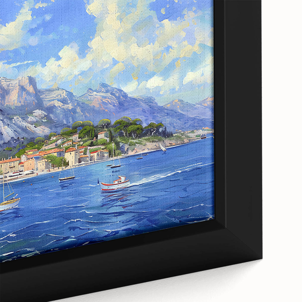 Framed canvas wall art collection showcasing a serene harbor landscape design with vibrant colors and intricate details, perfect for enhancing home decor.