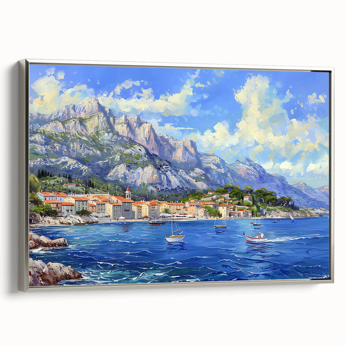 Framed canvas wall art showcasing a contemporary harbor landscape design with silver accents, elegantly displayed from a side view, perfect for modern decor.