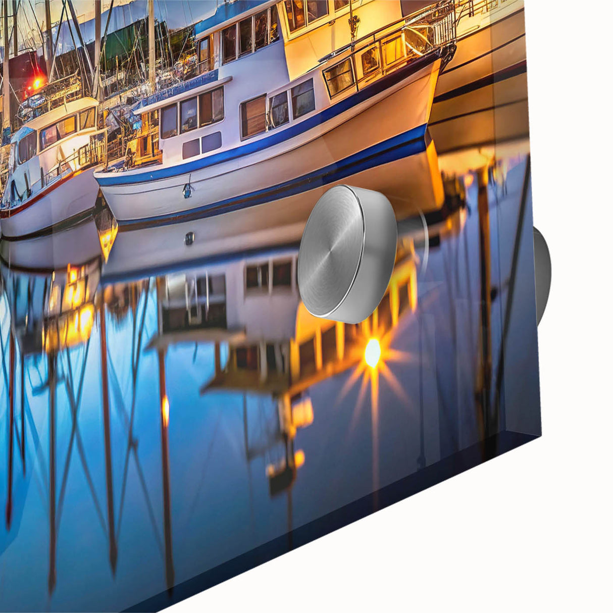 Close-up of a vibrant harbor landscape wall art piece, showcasing intricate details and colors in an acrylic glass finish, perfect for home decor.