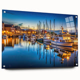 Acrylic glass wall art showcasing a vibrant harbor landscape design, elegantly displayed from a side view with decorative pins, enhancing its artistic appeal.