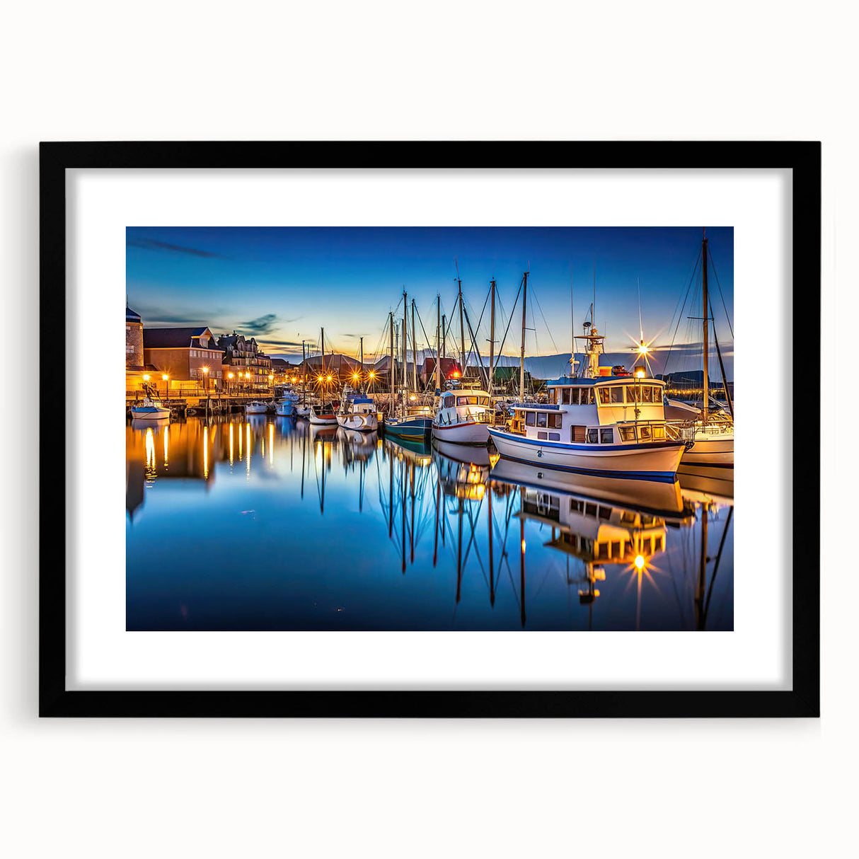 Framed black wall art featuring a serene harbor landscape design with a mat, ideal for home decor. The artwork showcases soft colors and intricate details, enhancing any interior space.