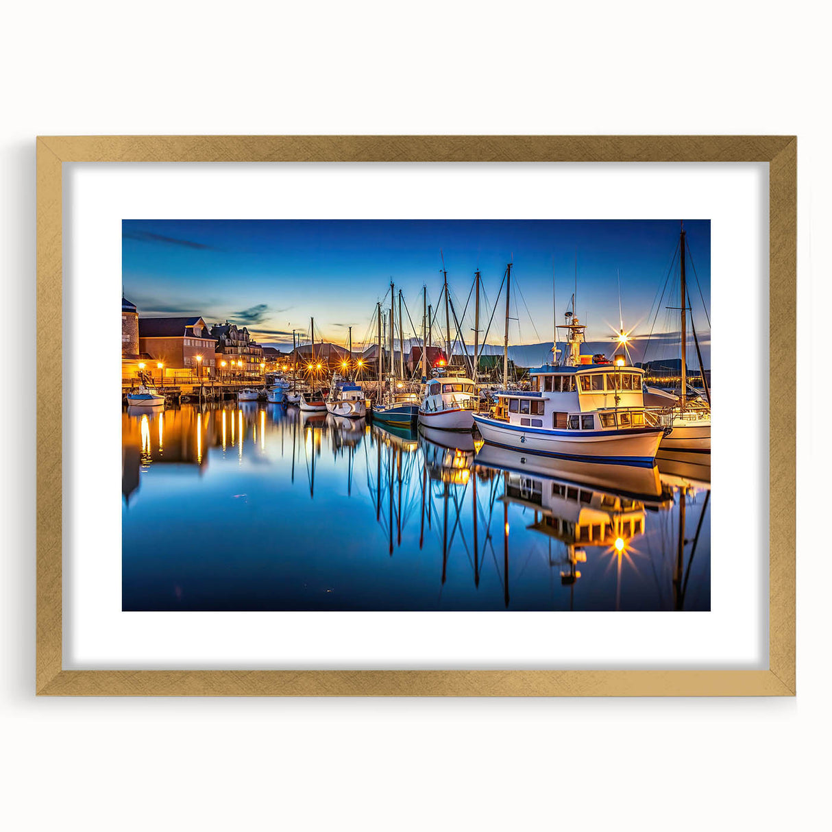 Framed wall art collection featuring a serene harbor landscape design with a gold mat and frame, ideal for home décor and enhancing interior aesthetics.