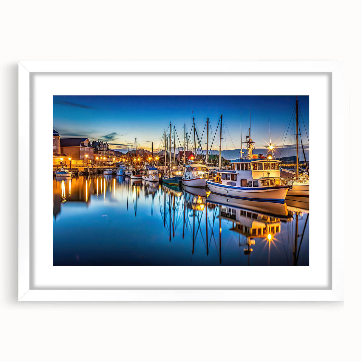 Framed wall art showcasing a serene harbor landscape with a white mat, perfect for enhancing home decor. Ideal for art enthusiasts and coastal theme interiors.