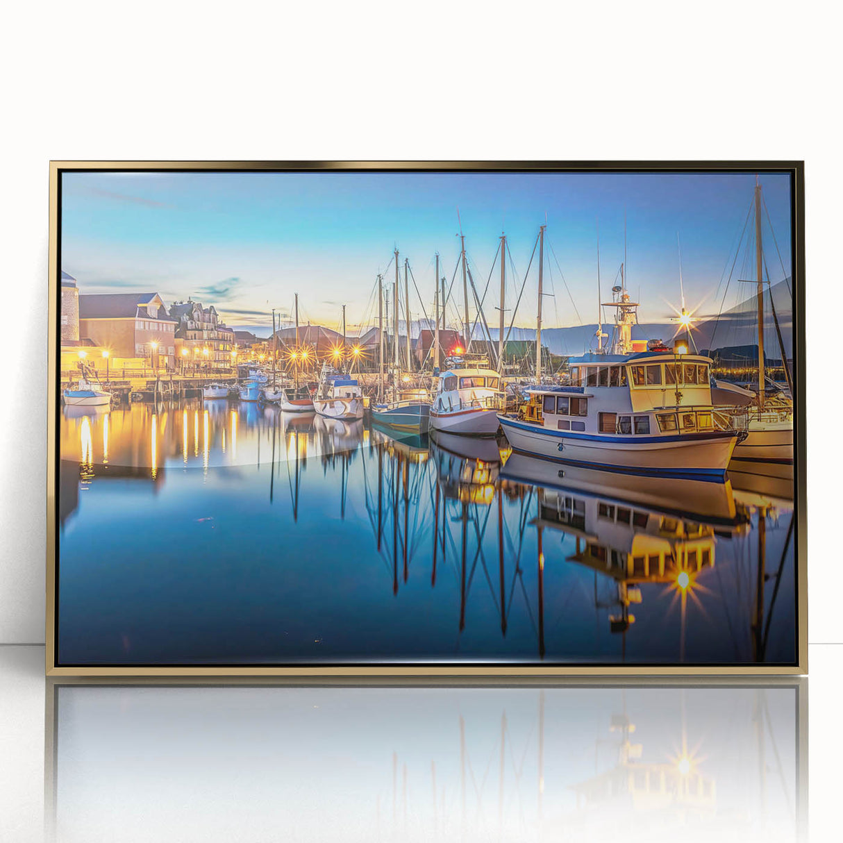 Framed acrylic wall art showcasing a stunning harbor landscape design with gold accents, perfect for enhancing home decor and adding a touch of elegance.