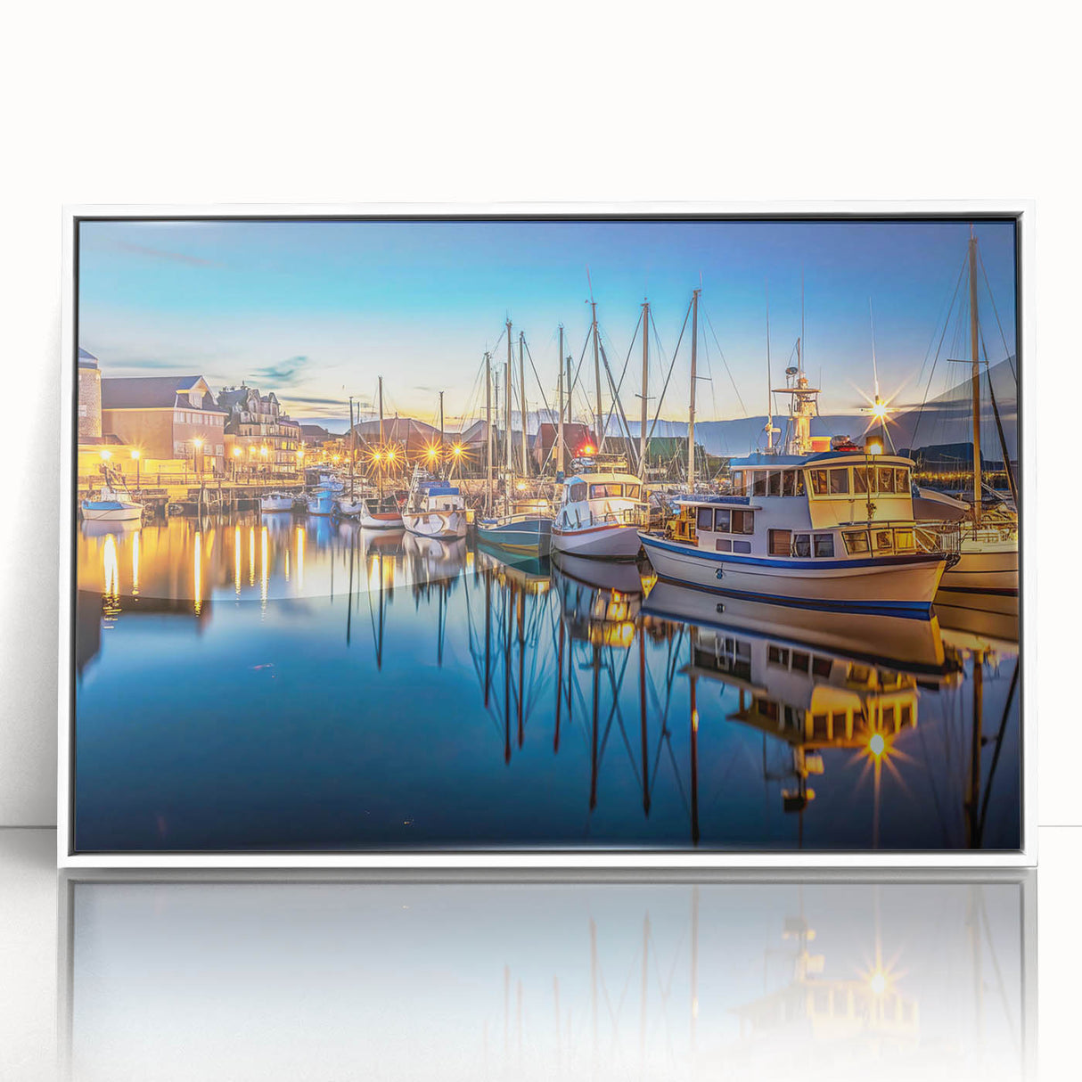 Framed wall art featuring a serene harbor landscape design, showcasing vibrant colors and intricate details, set against a sleek white frame for modern decor.