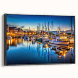 Framed canvas wall art featuring a serene harbor landscape design, showcasing calm waters and boats, with a sleek black frame enhancing its modern aesthetic.