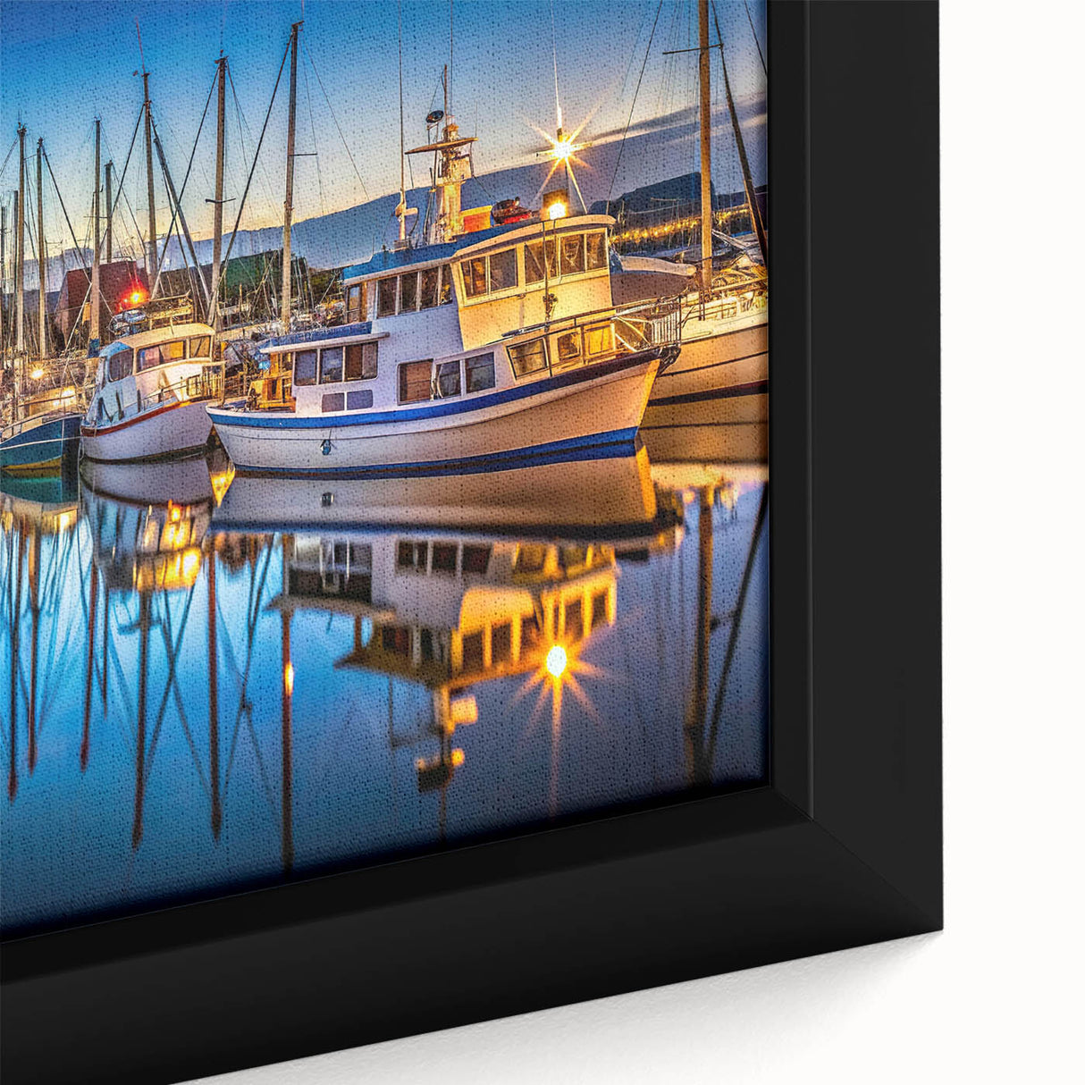 Close-up of a framed canvas wall art piece showcasing a vibrant harbor landscape design with rich colors and intricate details, perfect for home decor.