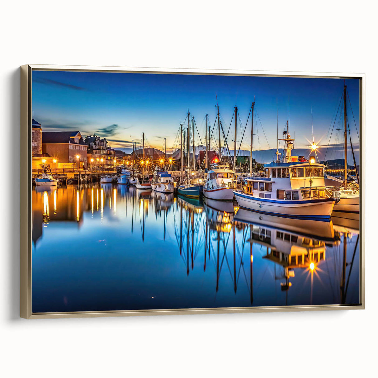 Framed canvas wall art showcasing a serene harbor landscape design, featuring vibrant colors and a gold frame, perfect for enhancing home decor aesthetics.