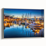 Framed canvas wall art showcasing a serene harbor landscape with silver accents. Ideal for home decor, adding a touch of elegance and tranquility to any space.