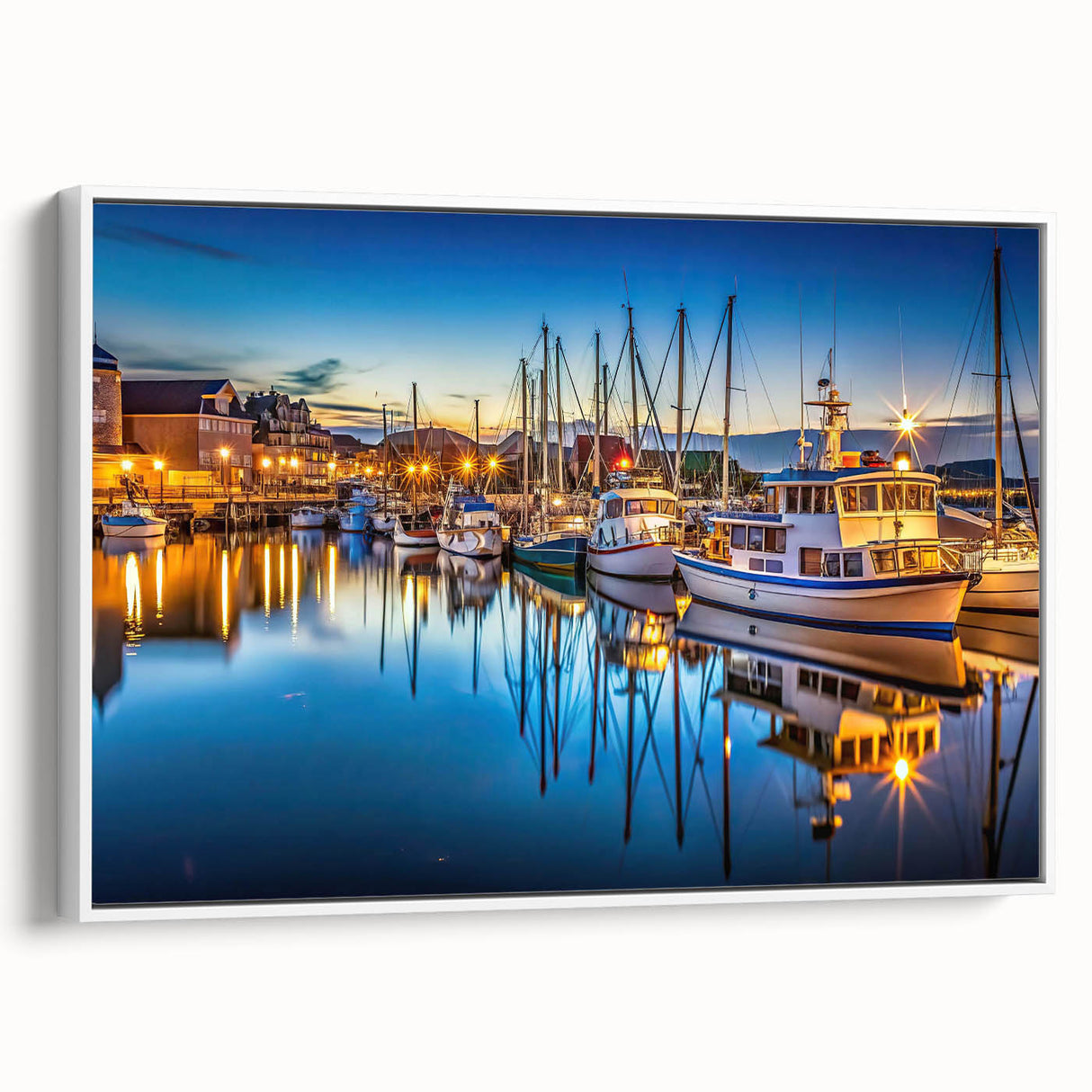 Framed canvas wall art showcasing a serene harbor landscape design with vibrant colors, featuring a white frame and side view display, perfect for home decor.
