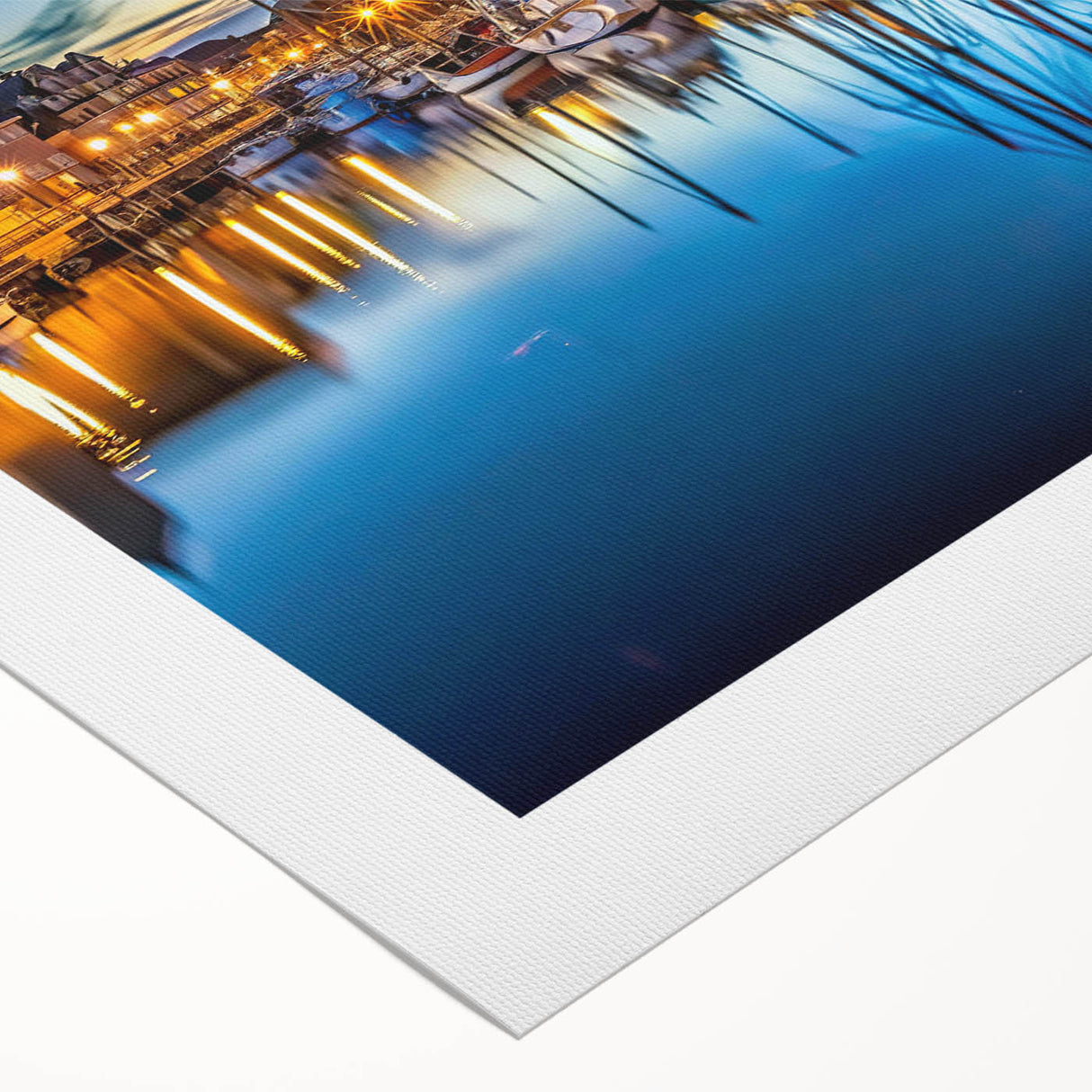 Rolled canvas showcasing a vibrant harbor landscape design, featuring tranquil water reflections and colorful boats, perfect for home decor and art enthusiasts.