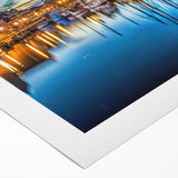 Rolled canvas showcasing a vibrant harbor landscape design, featuring tranquil water reflections and colorful boats, perfect for home decor and art enthusiasts.