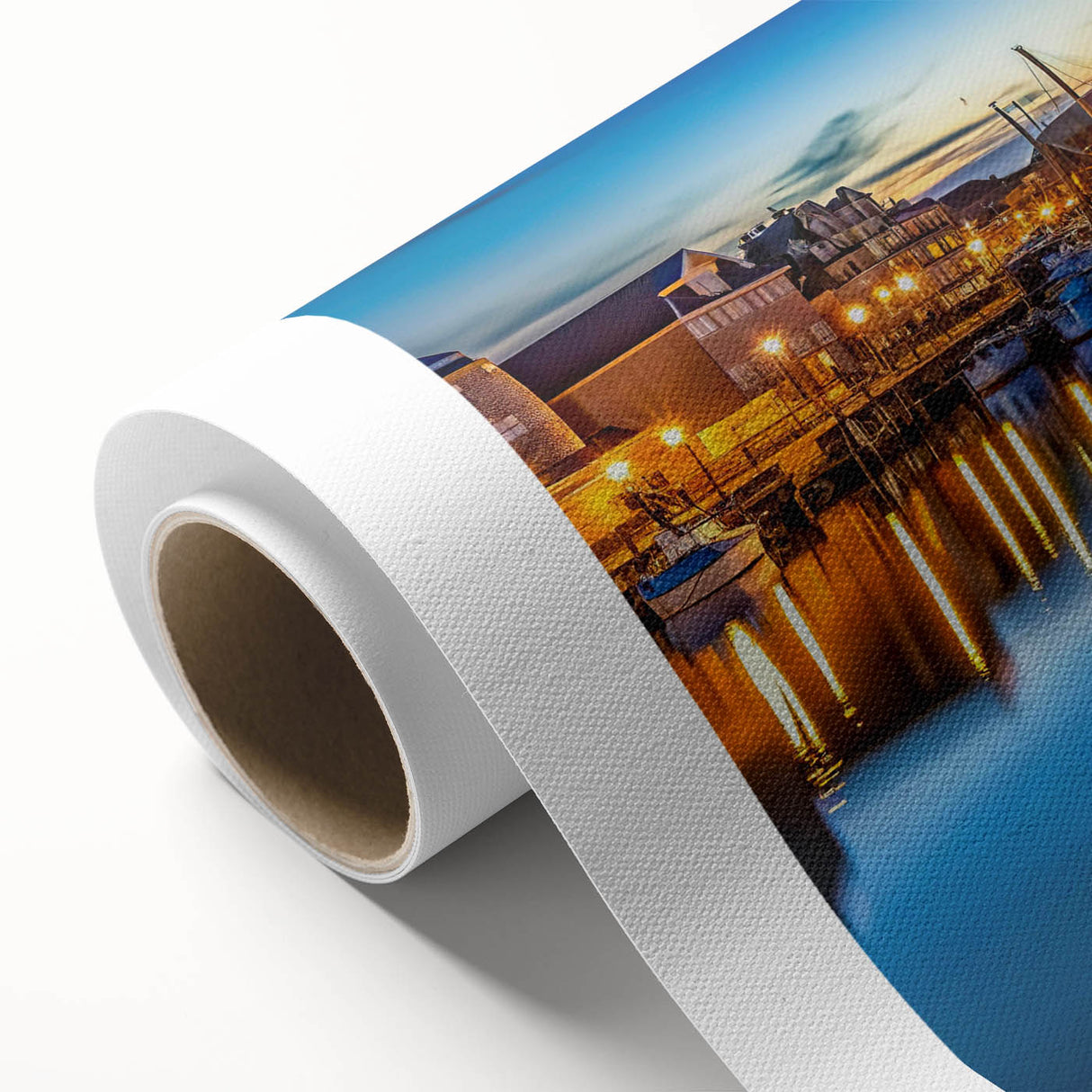 Rolled canvas artwork depicting a serene harbor landscape with vibrant colors and intricate details, ideal for home décor, showcasing tranquil waters and boats.