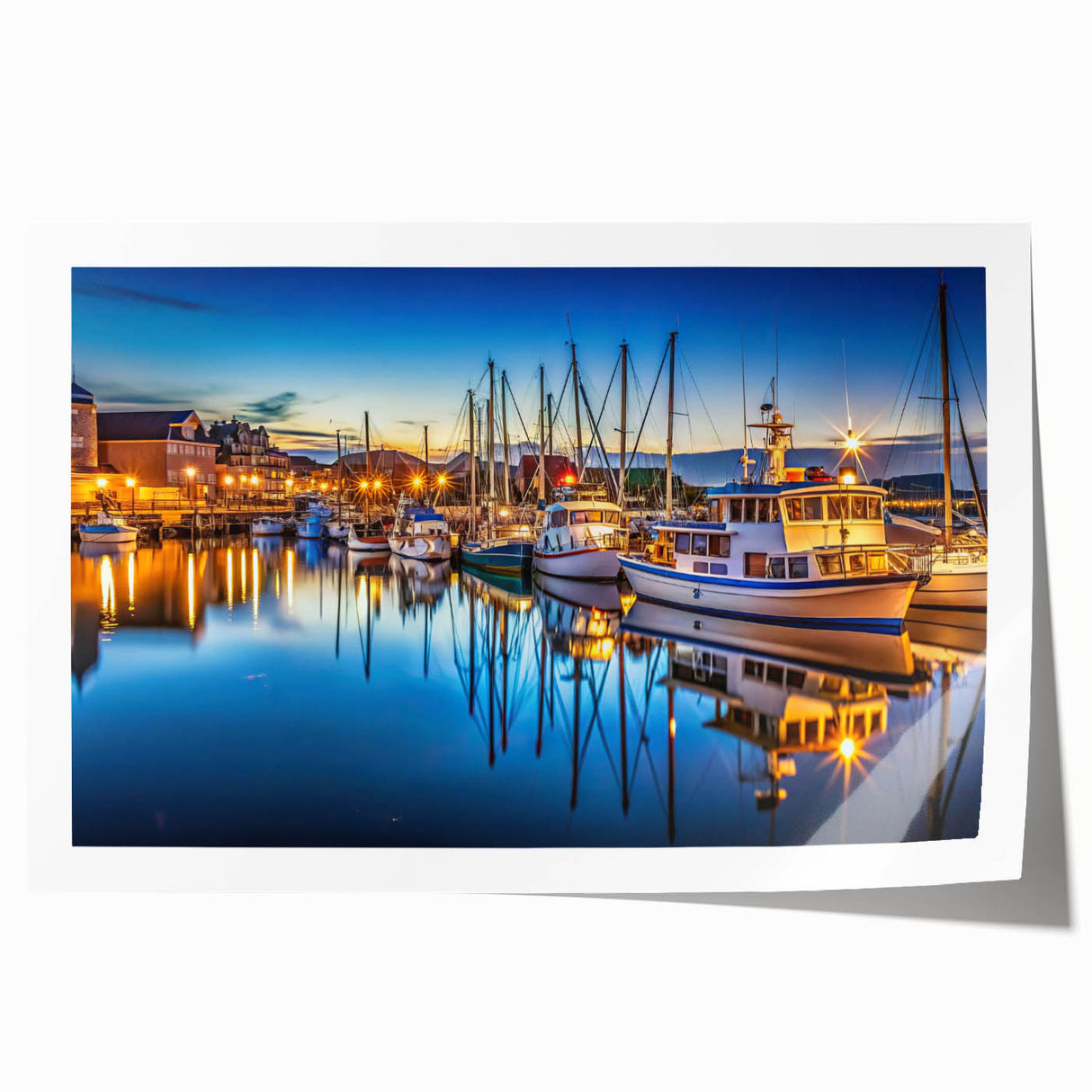 Vibrant rolled wall art print showcasing a serene harbor landscape design, featuring calming blues and greens, perfect for home decor and artistic ambiance.