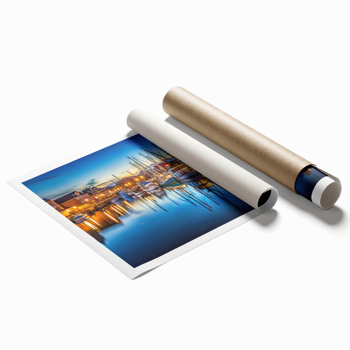 Rolled print of a serene harbor landscape, showcasing vibrant colors and intricate details, ideal for home decor. Comes in a protective cardboard tube for easy storage.
