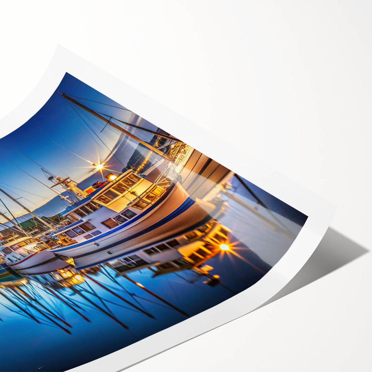 Rolled print of a serene harbor landscape featuring soft blues and greens, designed for wall art collection, elegantly packaged in a protective tube.