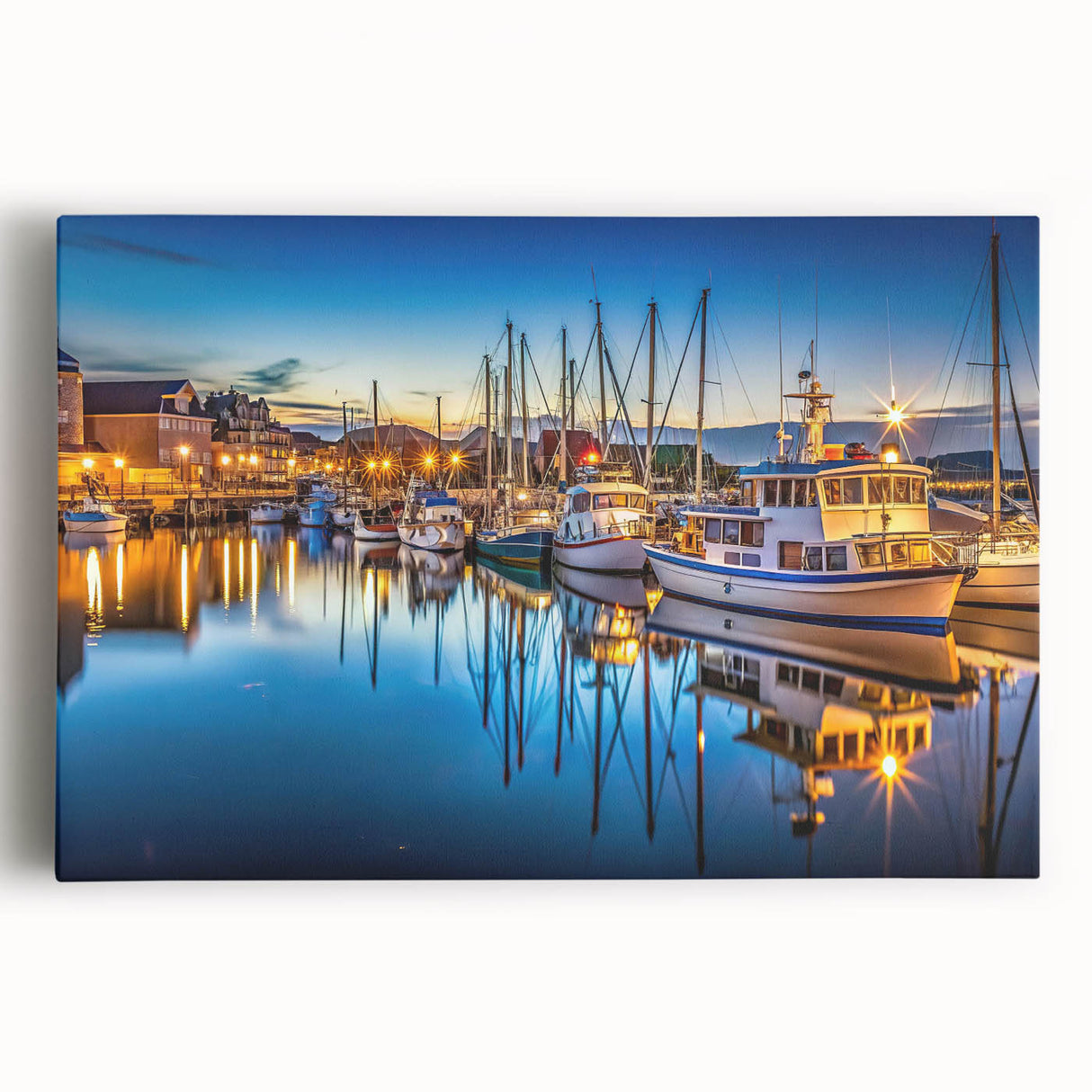 Stretched canvas artwork showcasing a vibrant harbor landscape with serene water reflections and colorful boats, perfect for enhancing home decor.