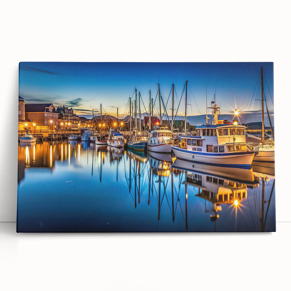 Stretched canvas wall art showcasing a tranquil harbor landscape design, featuring soft blues and greens, perfect for modern home decor and relaxation.
