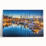 Stretched canvas wall art showcasing a tranquil harbor landscape design, featuring soft blues and greens, perfect for modern home decor and relaxation.