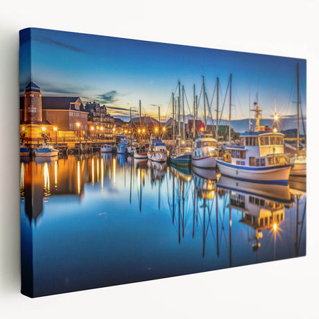 Stretched canvas wall art depicting a serene harbor landscape with vibrant colors and detailed brush strokes, perfect for enhancing modern home decor aesthetics.