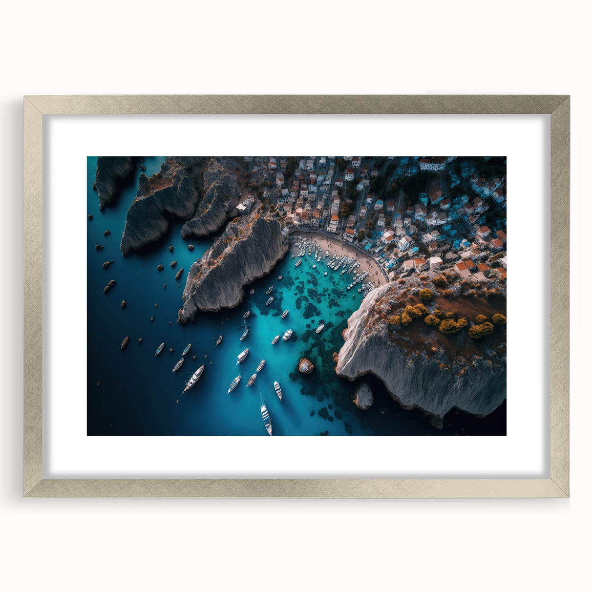 Framed silver wall art showcasing a serene harbor landscape design, elegantly matted for enhanced visual appeal, perfect for home decor and interior styling.