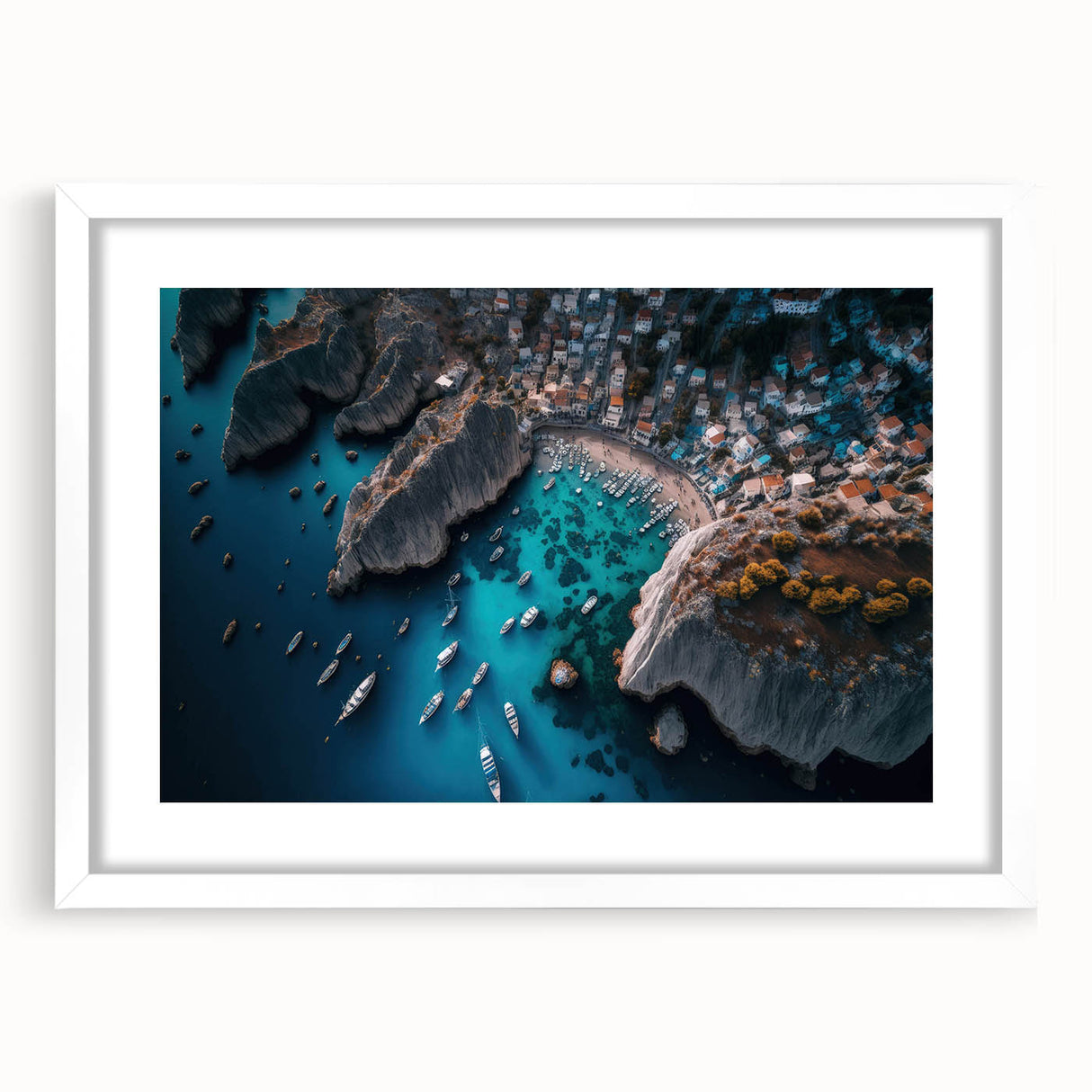 Framed wall art featuring a serene harbor landscape design, showcasing calming blues and greens with a white mat, perfect for home decor. The piece is designed to evoke tranquility and enhance any living space.
