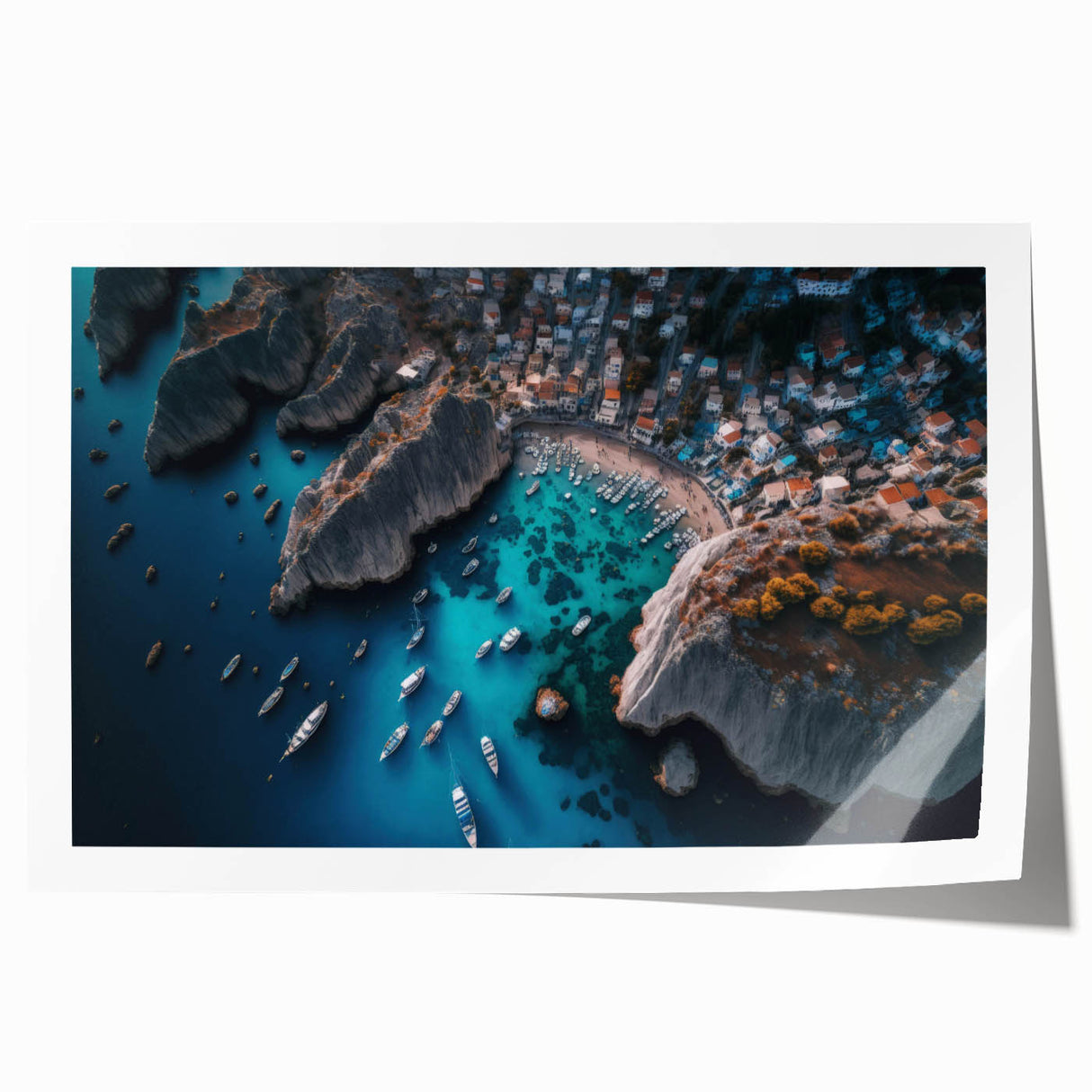 Stylish rolled print of a serene harbor landscape, showcasing vibrant blues and greens, ideal for home decor or office art collections, protected in a sturdy tube.