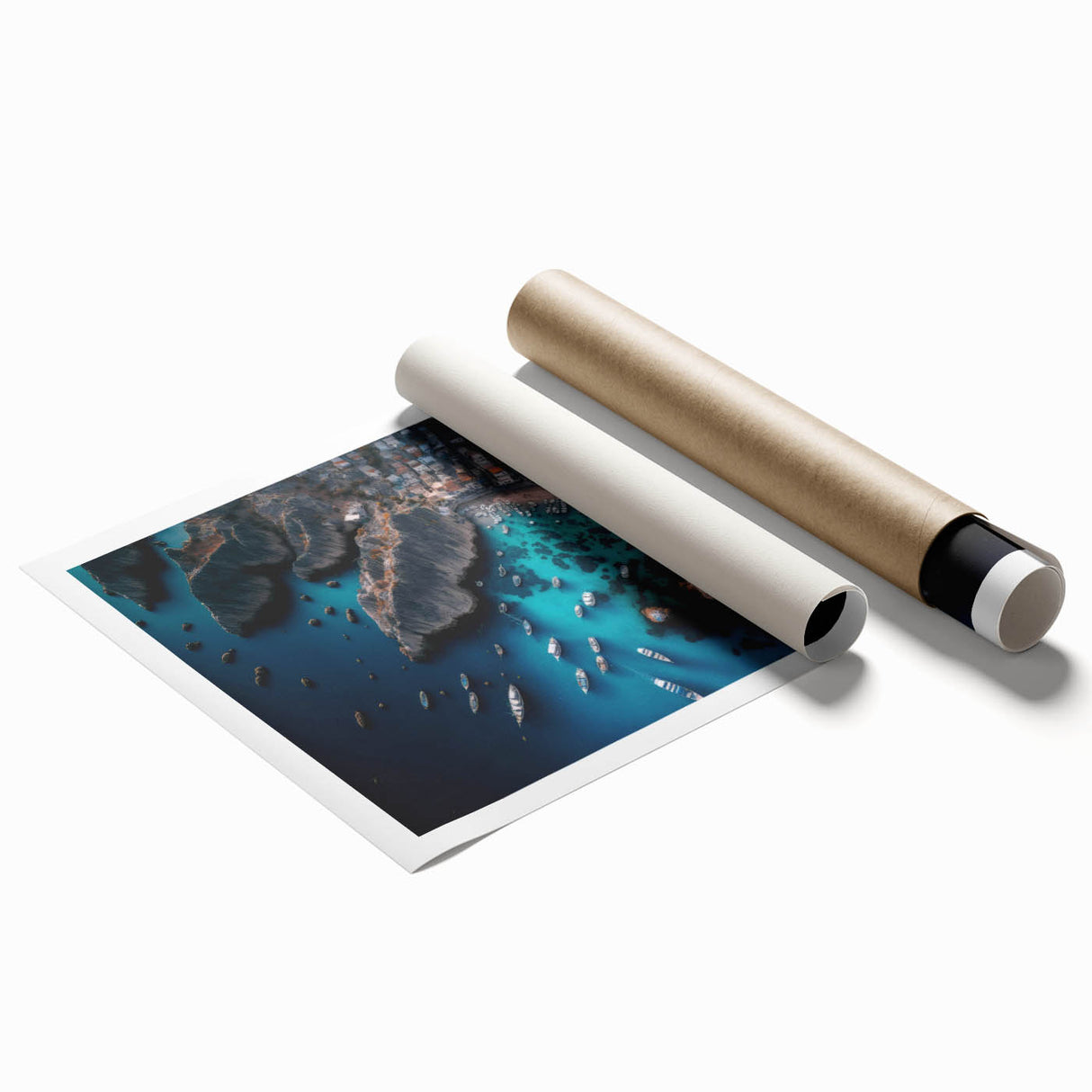 Rolled print of a serene coastal landscape featuring a vibrant harbor scene with blue waters and colorful boats, ideal for home decor.