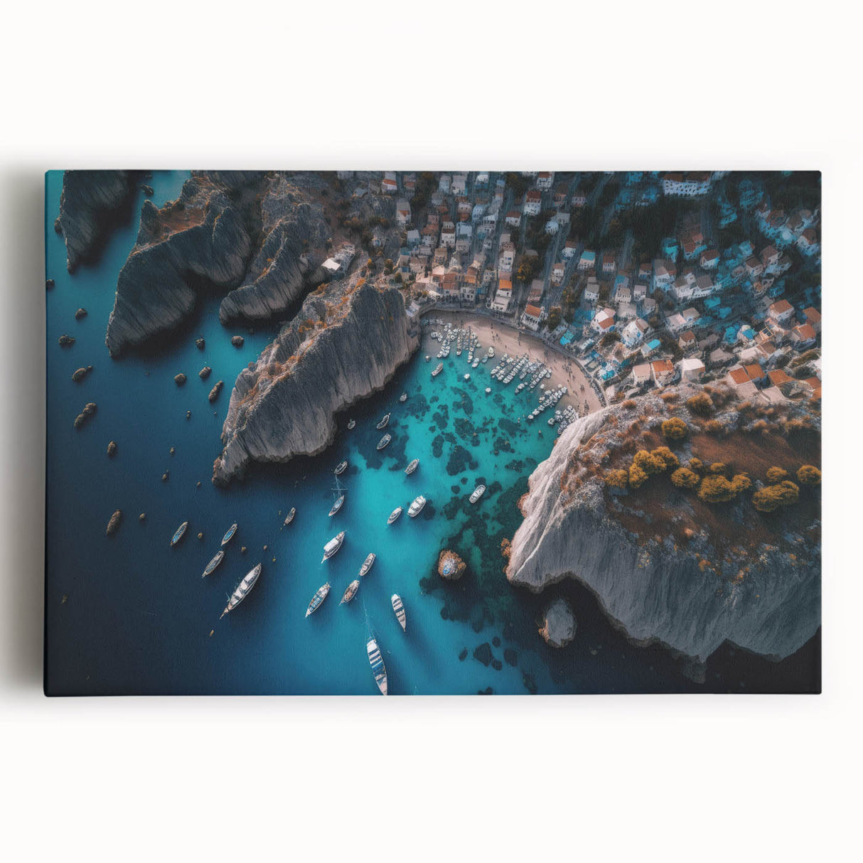 Stretched canvas artwork showcasing a serene harbor landscape design with vibrant colors, ideal for enhancing home decor and creating a calming atmosphere.