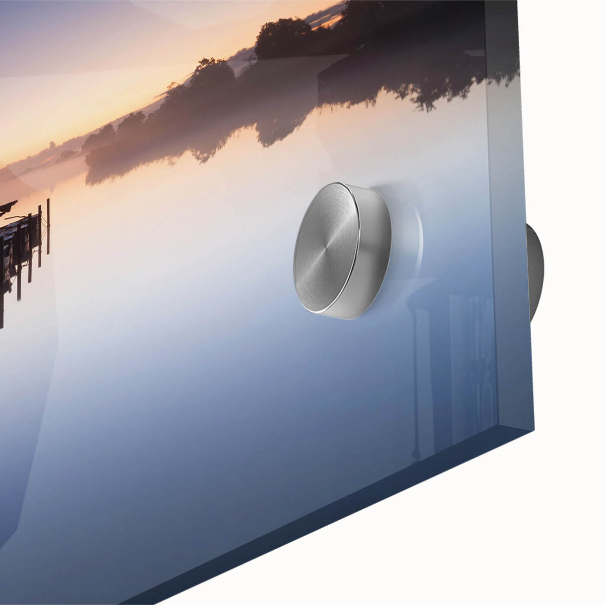 Close-up of a vibrant acrylic glass wall art piece showcasing a serene harbor landscape design, featuring rich colors and intricate details, perfect for modern decor.