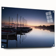 Acrylic glass wall art showcasing a vibrant harbor landscape design, viewed from the side with decorative pins, perfect for modern home decor.