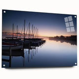 Acrylic glass wall art showcasing a vibrant harbor landscape design, viewed from the side with decorative pins, perfect for modern home decor.