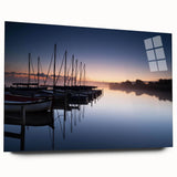 Acrylic glass wall art collection showcasing a serene harbor landscape design, side view highlighting vibrant colors and intricate details, perfect for home decor.